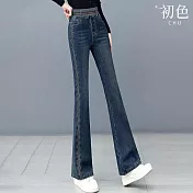 【初色】通勤風提臀顯瘦高腰鬆緊腰牛仔褲直筒喇叭褲休閒褲寬褲長褲-共2款-16038(M-5XL可選) M 深藍色九分褲