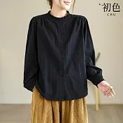 【初色】文藝復古風寬鬆純色拼接刺繡單排釦木耳邊立領長袖襯衫上衣女上衣-共2色-16438(M-2XL可選) L 黑色