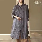 【初色】復古文藝風輕薄寬鬆中長款純色胸口袋單排釦翻領七分袖襯衫外套女外套-共2色-16452(M-2XL可選) M 灰色