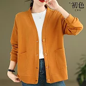 【初色】文藝簡約純色口袋寬鬆V領排釦長袖針織外套女外套-共6色-16473(M-2XL可選) M 桔色