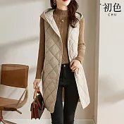 【初色】簡約休閒保暖禦寒雅致菱格紋連帽排扣無袖羽絨背心外套女外套-共3色-16536(M-2XL可選) M 杏色