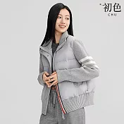 【初色】簡約休閒寬鬆運動風保暖防寒拼接排釦立領長袖羽絨衣外套女外套-共3色-16537(M-L可選) M 灰色