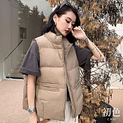 【初色】休閒簡約寬鬆保暖禦寒大口袋拉鍊式立領無袖羽絨外套馬甲背心女背心-共3色-16539(S-M可選) S 卡其色