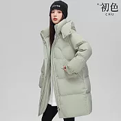 【初色】韓版簡約寬鬆顯瘦過膝長款連帽長袖保暖加厚羽絨外套女外套-共3色-16540(M/L可選) M 綠色