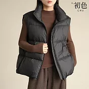 【初色】簡約寬鬆保暖抽繩下擺立領羽絨外搭馬甲背心女背心-共4色-16546(S/M可選) M 黑色