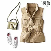 【初色】韓版修身收腰純色抽繩胸口袋雙排釦立領無袖羽絨馬甲背心女背心-共4色-16548(M/L可選) M 卡其色