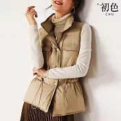 【初色】韓版修身收腰純色抽繩胸口袋雙排釦立領無袖羽絨馬甲背心女背心-共4色-16548(M/L可選) M 卡其色