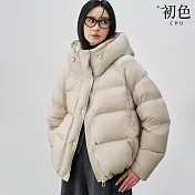 【初色】純色連帽拉鍊排扣長袖寬鬆保暖禦寒防風鵝絨羽絨外套女外套-共2色-16550(S/M可選) S 米色