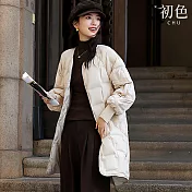 【初色】通勤風中長款厚款寬鬆保暖純色單排釦圓領長袖羽絨外套女外套-共3色-16551(S/M可選) S 米白色