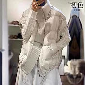 【初色】純色無袖高領拉鍊單排釦雙口袋鴨絨馬甲背心女背心-共4色-16553(F可選) F 灰白色