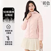 【初色】休閒簡約寬鬆保暖禦寒別緻口袋拉鍊式波浪線條連帽立領長袖羽絨衣外套女外套-共6色-16531(M-4XL可選) M 粉紅色