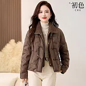 【初色】復古風拼接假兩件羊羔毛短版盤扣翻領長袖羽絨外套女外套-共2色-16543(S/M可選) S 咖啡色