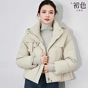 【初色】韓版簡約短款加厚純色拼接飄帶連帽長袖羽絨外套女外套-共3色-16555(M/L可選) M 米白色