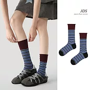 【JDS設計襪】拼色細紋簡約中筒襪     藍拼紅棕