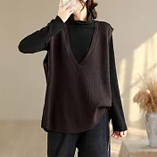 【ACheter】 大V領簡約時尚寬鬆百搭顯瘦針織大碼背心上衣# 126520 FREE 咖色