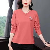 【MsMore】 棉T恤長袖寬鬆刺繡長袖休閒上衣# 126705 M 紅色