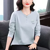 【MsMore】 棉T恤長袖寬鬆刺繡長袖休閒上衣# 126705 M 藍色