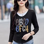 【MsMore】 大碼假兩件竹節棉印花寬鬆長袖T恤上衣# 126757 M 黑色