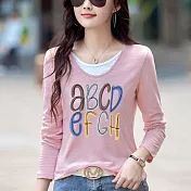 【MsMore】 大碼假兩件竹節棉印花寬鬆長袖T恤上衣# 126757 M 玫紅色