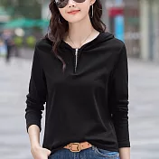 【MsMore】 連帽純色長袖T恤拉鍊寬鬆百搭上衣# 126758 M 黑色