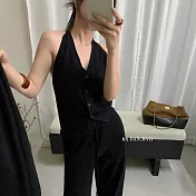 【MsMore】 V領針織開衫+背心+闊腿長褲三件式套裝# 126669 FREE 黑色