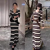 【MsMore】 韓國Chic顯瘦條紋V領長袖針織長版洋裝# 126676 FREE 咖色