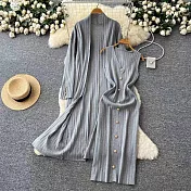 【MsMore】 名媛針織外套+修身背心金屬扣連身裙2件式套裝# 126682 FREE 灰色