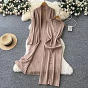 【MsMore】 名媛針織外套+修身背心金屬扣連身裙2件式套裝# 126682 FREE 卡其色