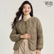 【初色】休閒簡約復古保暖防寒菱格紋排釦圓領長袖羽絨衣外套女外套-共3色-16557(M-XL可選) M 軍綠色