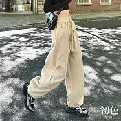 【初色】簡約休閒寬鬆運動風縮繩綁帶鬆緊腰闊腿工裝褲寬褲長褲-共3色-16672(M-2XL可選) M 淺卡色