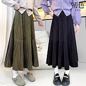 【初色】文藝風純色金絲絨鬆緊高腰顯瘦A字百褶中長裙半身裙長裙-共6色-16570(M-2XL可選) M 黑色