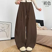 【初色】純色高腰鬆緊腰口袋綁繩垂感彎刀褲闊腿褲休閒褲寬褲長褲-共4色-16569(M-XL可選) M 深咖色