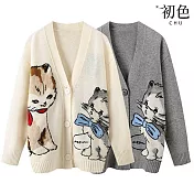 【初色】童趣風寬鬆休閒可愛動物毛衣單排三粒扣V領長袖針織衫外套女外套-共2色-16587(F可選) F 米白色