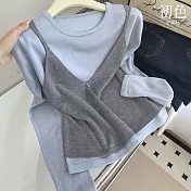【初色】簡約純色圓領長袖針織衫上衣女上衣+V領無袖馬甲背心女背心套裝-藍灰色-16584(F可選) F 藍灰色