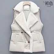 【初色】氣質風純色絨毛抽繩顯瘦保暖西裝領羽絨馬甲背心女背心-共4色-16603(M-XL可選) M 白色