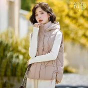 【初色】休閒寬鬆保暖繫繩縮口連帽坎肩立領排扣無袖馬甲外套女外套-共6色-16605(M-3XL可選) M 卡其色