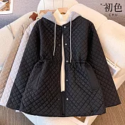 【初色】復古風圓領長袖菱格收腰假兩件連帽羽絨外套女外套-黑色-16606(M-3XL可選) M 黑色