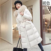 【初色】休閒純色厚款修身腰帶拼接撞色毛領連帽長袖長款棉服外套女外套-共8色-16612(M-3XL可選) M 白色卡其毛領