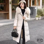 【初色】純色連帽毛領長袖拉鍊排扣科技棉服保暖禦寒長版大衣外套女外套-共4色-16607(M-2XL可選) M 米白色