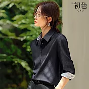 【初色】通勤風純色排釦翻領長袖襯衫上衣女上衣-深藍色-16788(M-2XL可選) M 深藍色