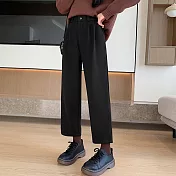 【MsMore】 小個子毛呢哈倫高腰寬鬆直筒顯瘦九分# 126625 L 黑色
