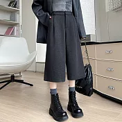 【MsMore】 減齡毛呢休閒韓版高腰闊腿七分褲# 126702 XL 黑色