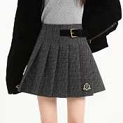 【MsMore】 毛呢格紋百褶高腰顯瘦A字短裙# 126704 XL 灰色