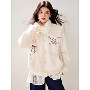 【MsMore】 韓系甜美針織拼接外套短款夾棉加絨加厚毛衣# 126774 FREE 米白色