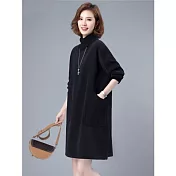 【ACheter】 寬鬆大碼高領純棉加絨加厚保暖連身裙洋裝# 126776 L 黑色