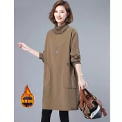 【ACheter】 寬鬆大碼高領純棉加絨加厚保暖連身裙洋裝# 126776 L 卡其色