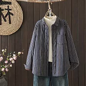 【ACheter】 夾棉襯衫長袖休閒寬鬆條紋保暖棉衣外套# 126782 XL 藏青色