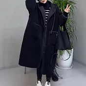 【ACheter】 毛呢大衣慵懶風長款連帽羊羔毛加厚保暖外套# 126783 L 黑色