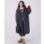 【ACheter】 毛呢大衣慵懶風長款連帽羊羔毛加厚保暖外套# 126783 L 灰色