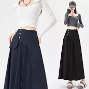 【MsMore】 西裝百褶高腰顯瘦小個子A字長西裝裙# 126806 L 藏青色